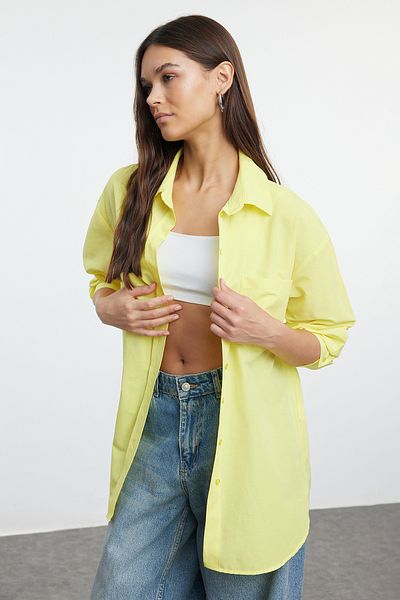 Trendyol Collection Dark Yellow Wide Fit Cotton Shirt - Single Pocket, TWOAW20GO0115