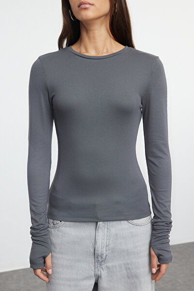 Trendyol Collection Bluză tricotată elastică din viscoză antracit/țesătură moale cu detaliu pentru degete TWOAW25BZ00014