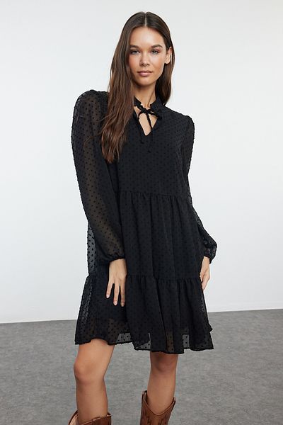 Trendyol Collection Polka Dot Print Black Chiffon Winter Dress - Wide Cut Twoaw25El00276