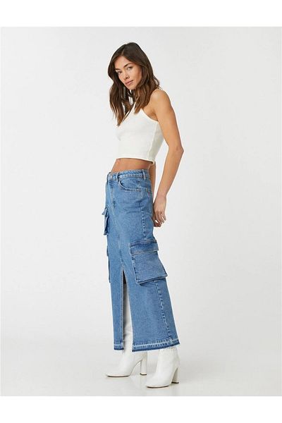 Koton Fustă midi din denim cu buzunar cargo cu fante cu talie normală