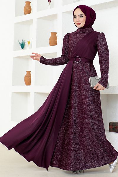 ModaMerve ASM2538 Model Glittered Plum Evening Dress