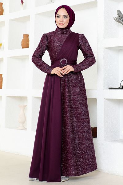 ModaMerve ASM2538 Model Glittered Plum Evening Dress
