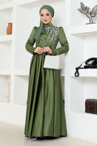 ModaMerve Khaki Satin Stone Detailed Evening Dress - ABY5725