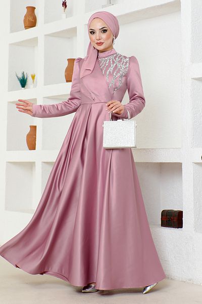 ModaMerve Rose Dried Satin Evening Dress with Stone Detail - ABY5725