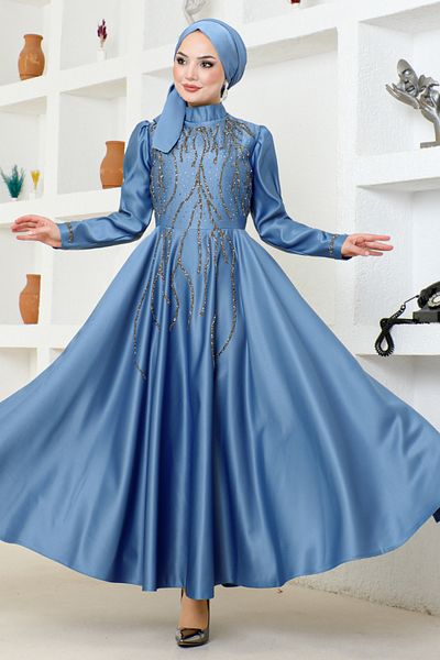 ModaMerve Βραδινό φόρεμα Indigo Satin - Λεπτομέρεια από πέτρα, YGS6357