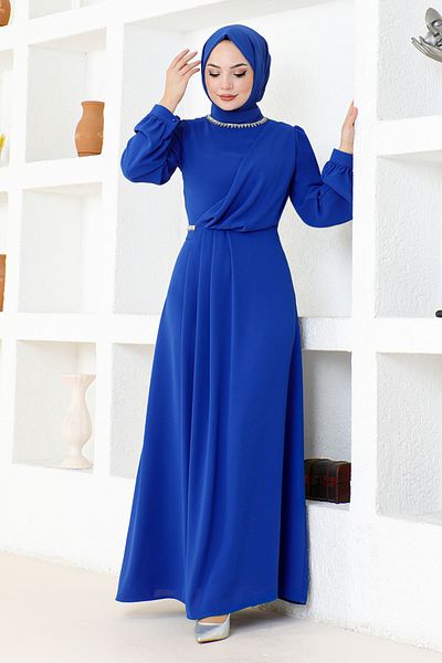 ModaMerve Saks Blue Stone Detailed Evening Dress - EMO6147