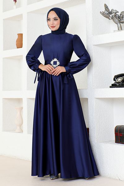 ModaMerve Βραδινό φόρεμα Navy Blue Satin - LPN54133
