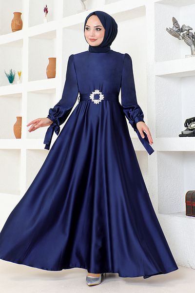 ModaMerve Βραδινό φόρεμα Navy Blue Satin - LPN54133