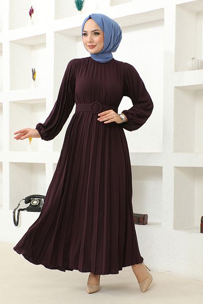 ModaMerve Plum Belted Dress - HBS9897