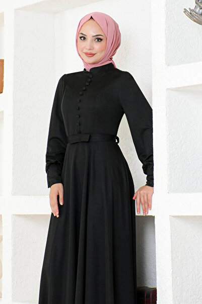 ModaMerve Black Button Detailed Dress DVL266