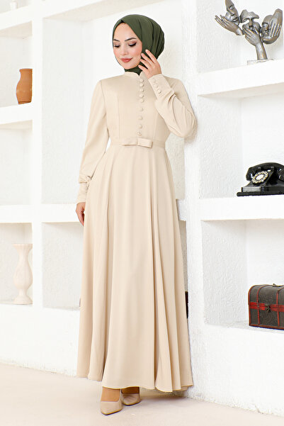 ModaMerve Stone Color Button Detail Dress DVL266