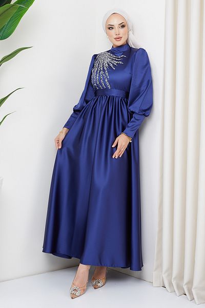 ModaMerve Indigo Satin Evening Dress - LPN6041