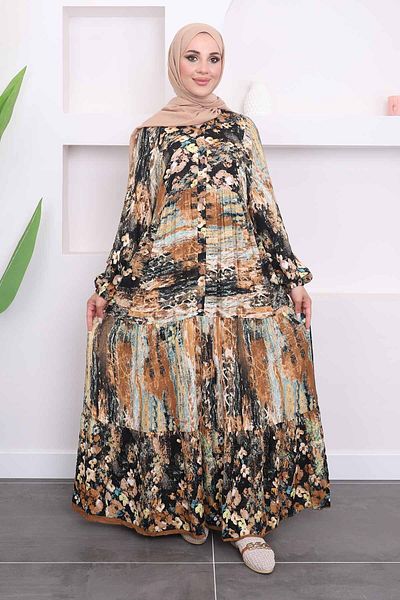 İmajButik Brown Viscose Dress with Judge Collar Pattern