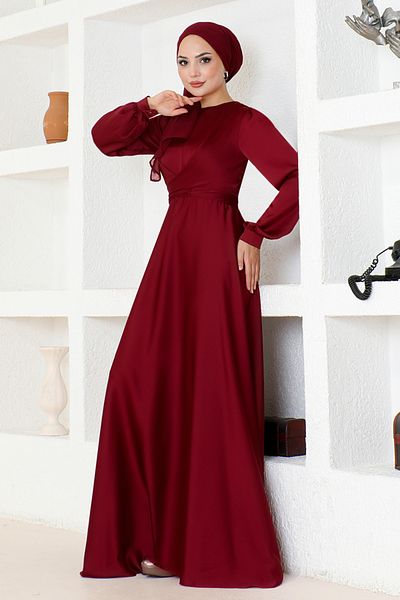 ModaMerve Burgundy Belted Evening Dress - END5599