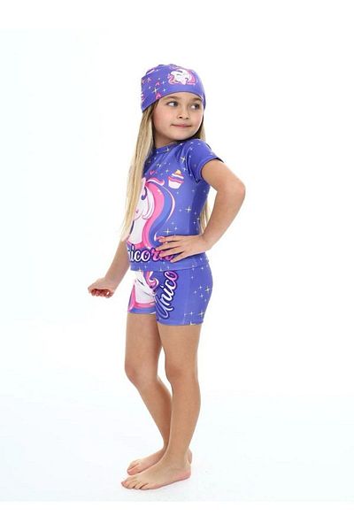 miniko Costum de baie pentru fete cu imprimeu unicorn - 3 piese cu boneta, plaja cu piscina la mare