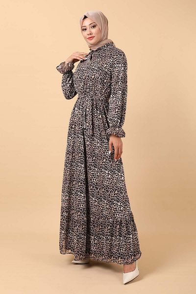 ModaMerve Tan Leopard Patterned Dress - MİH12230