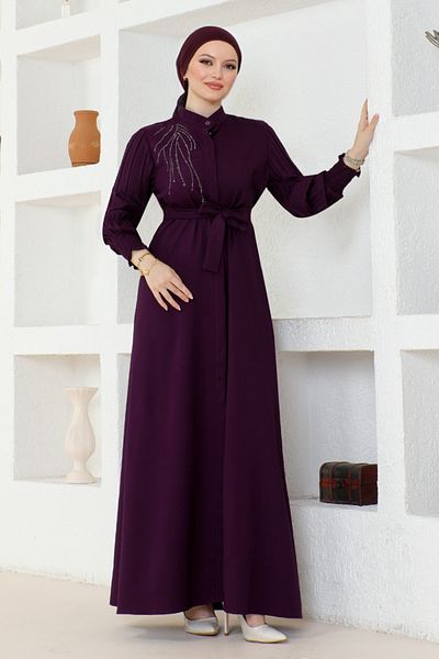 ModaMerve Purple Belted Ferace Dress - ASN172