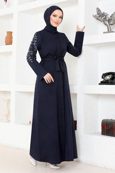 ModaMerve Navy Blue Belted Ferace - ASN171