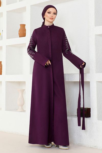 ModaMerve Purple Belted Ferace - ASN171