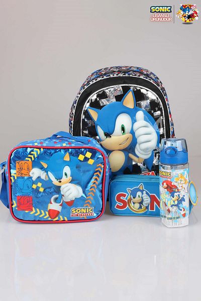 Disney Geantă de școală Sonic cu licență - Set de nutriție, stilou și sticlă Tritan de 500 ml