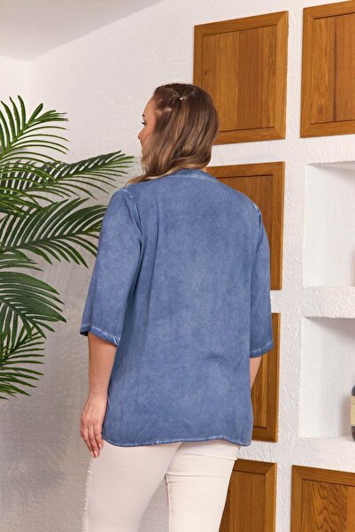 RMG Μπλούζα Indigo Plus Size - Λεπτομέρεια παγιέτα γιακά