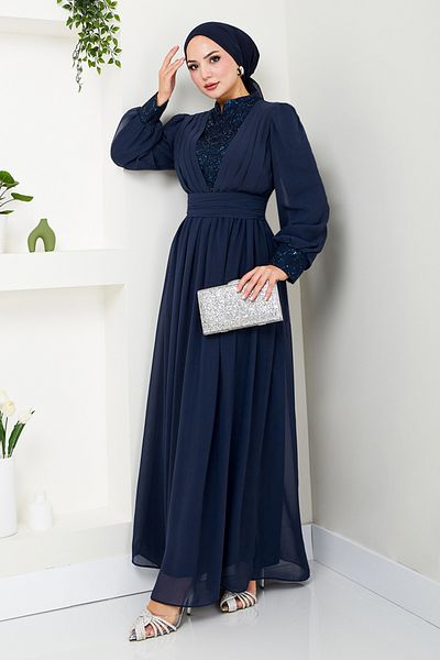 ModaMerve Navy Blue Sequin Chiffon Evening Dress - YGS4020