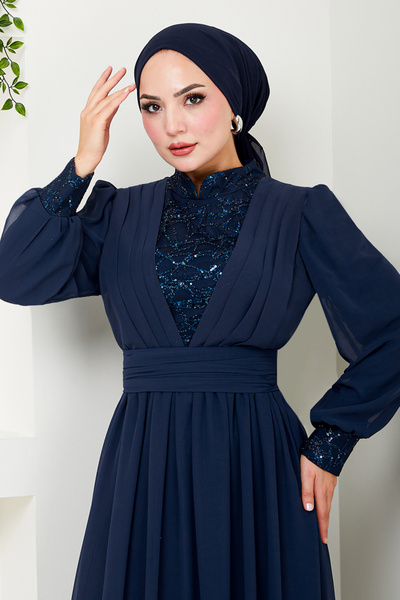 ModaMerve فستان سهرة شيفون مطرز باللون الأزرق الداكن - YGS4020