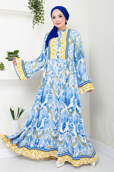 ModaMerve Blue Patterned Dress - MDP7114