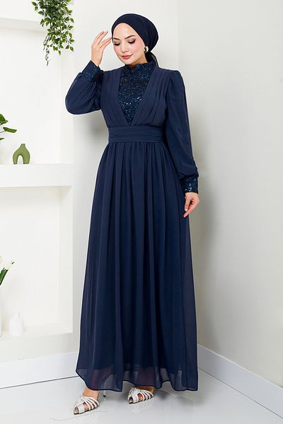 ModaMerve Navy Blue Sequin Chiffon Evening Dress - YGS4020
