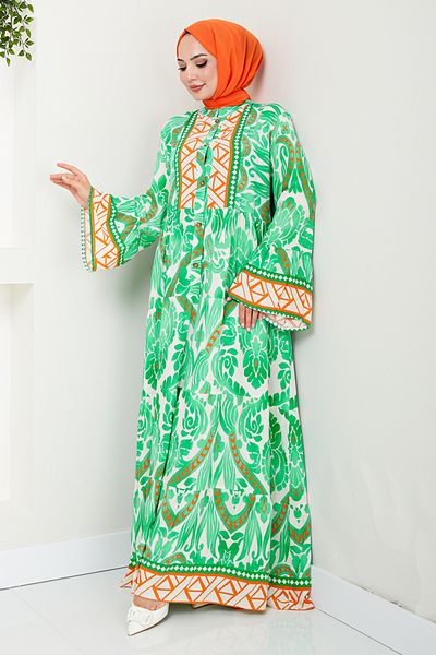 ModaMerve Green Patterned Dress - MDP7114