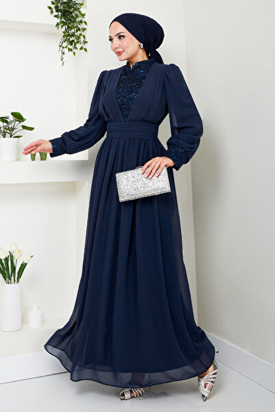 ModaMerve فستان سهرة شيفون مطرز باللون الأزرق الداكن - YGS4020