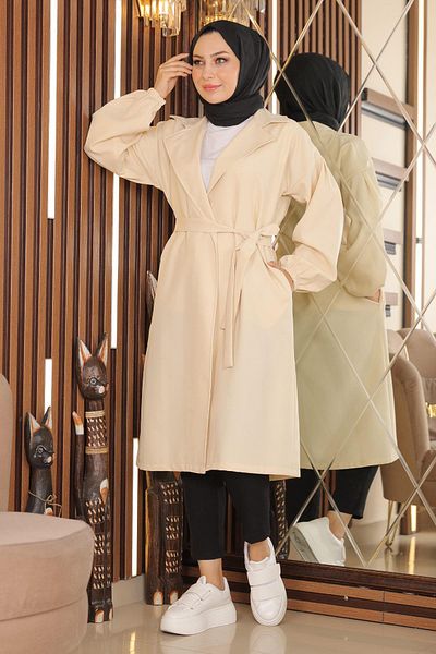 ModaMerve Beige Belted Wide Collar Trench Coat - Mi̇h19148