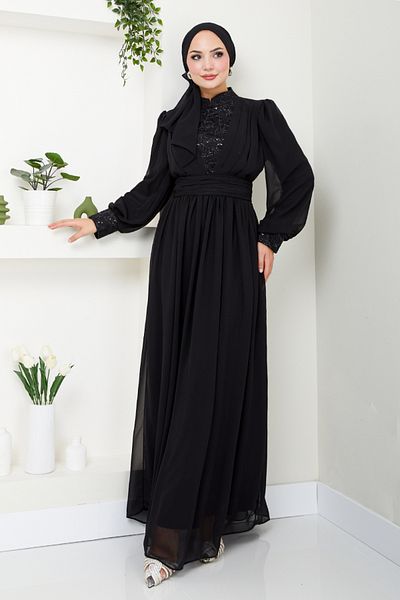 ModaMerve Black Sequin Chiffon Evening Dress - YGS4020