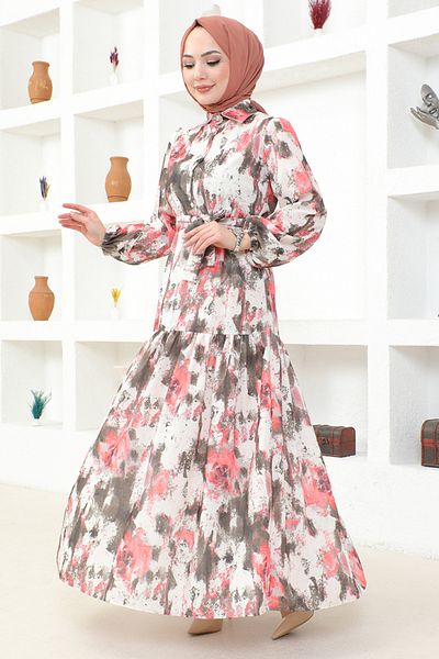 ModaMerve MSL6092 Φόρεμα με στάμπα Dusty Rose