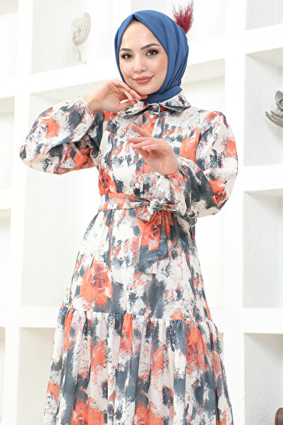 ModaMerve Orange Patterned Dress - MSL6092