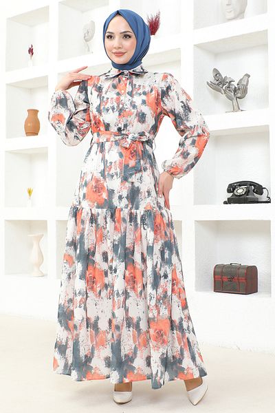 ModaMerve Orange Patterned Dress - MSL6092
