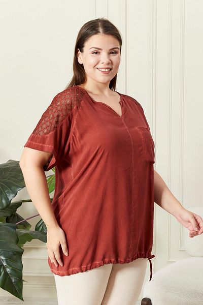 RMG Plus Size Tile Blouse - with Skirt Tie and Shoulder Detail