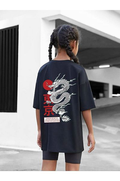VASK Children's Oversize Unisex Red Dragon Cotton Crew Neck T-Shirt