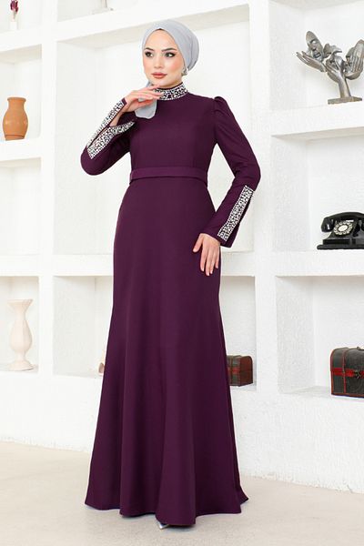 ModaMerve Purple Stone Evening Dress - ASM2697