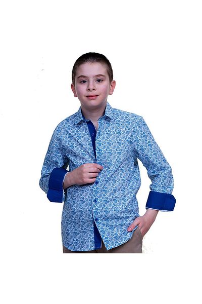 Exve Exclusive Cămașă pentru copii cu model șal mic albastru, cu detaliu de guler