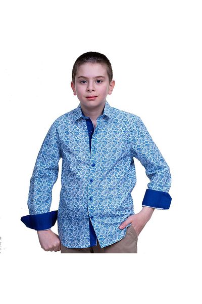 Exve Exclusive Cămașă pentru copii cu model șal mic albastru, cu detaliu de guler