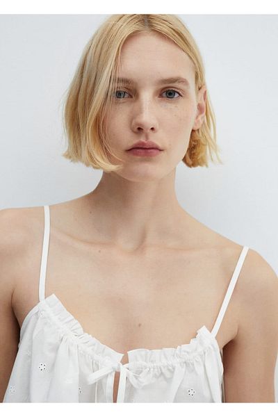 MANGO Woman Βαμβακερό διάτρητο Λεπτομερές μπλουζάκι πιτζάμας
