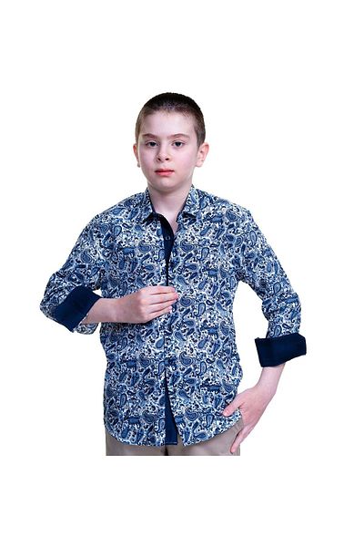 Exve Exclusive Cămașă albastră pentru copii cu model Paisley, cu detaliu interior la guler la mânecă