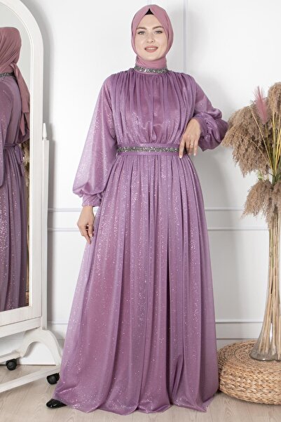 DENİMİNİ Taş Işlemeli Simli Tül Büyük Beden Tesettür Abiye Lila DNM858
