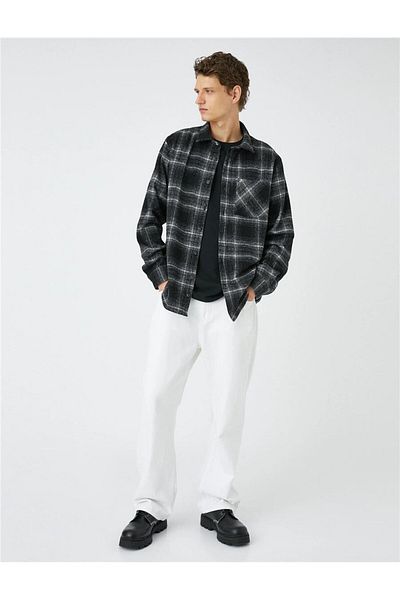 Koton 4wam60007hw 9c9 Black Plaid Men's Acrylic Woven Tops Long Sleeve Shirt