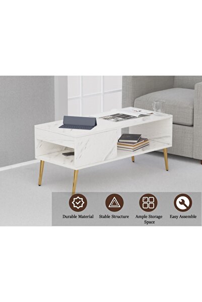 Mahmayi Modern White Marble Coffee Table with Storage Shelf - Durable, Stylish, Space-Saving