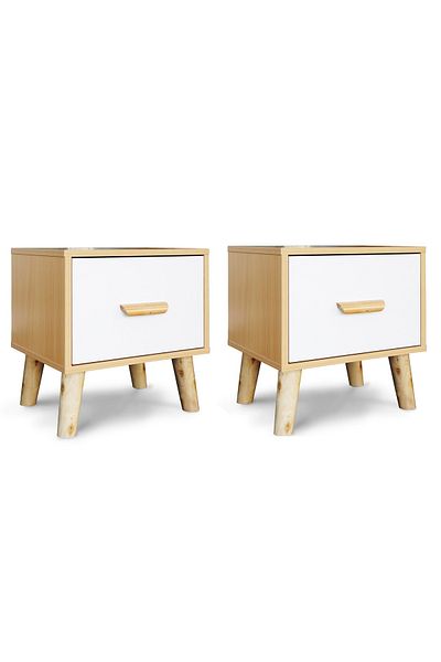 Mahmayi Modern Wooden Nightstand Set of 2 - Beech & White - With Drawer & Storage - 40x30x42cm