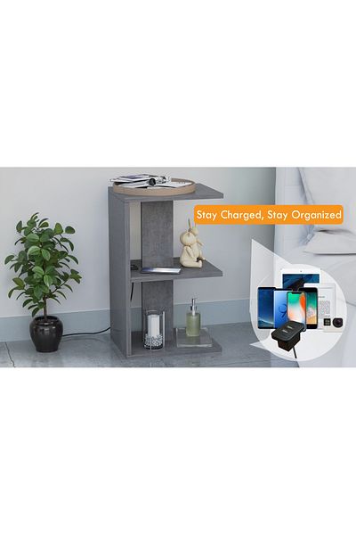 Mahmayi E-Shape Night Stand Table w/ USB Ports, 3 Open Shelves - Versatile, Easy Assembly