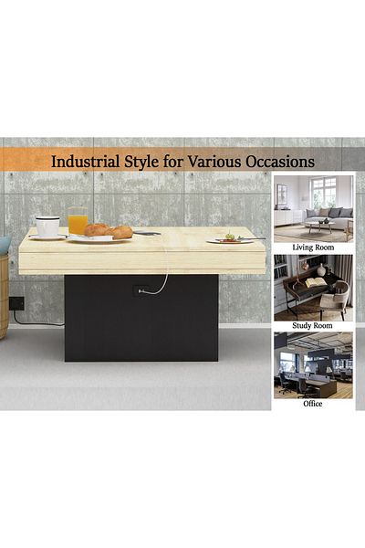 Mahmayi Modern Mahmayi Coffee Table with USB Port - Natural Oak & Black for Home & Office