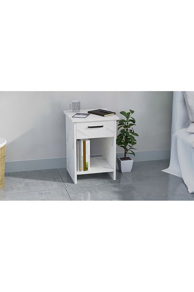 Mahmayi White Marble Nightstand - Open Storage, Single Drawer, Easy Assembly, Lightweight Design